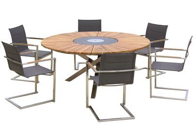 Garten-Essgruppe, taupe, Edelstahl/Teak, Ø 170 cm, 6 Freischwinger, inkl. drehbarer Granitplatte + Eiskühler, FSC®-zertifiziertes Produkt 16572  1 fde6e176a4e7787ad05e5c84dab9c8a4458e50c3