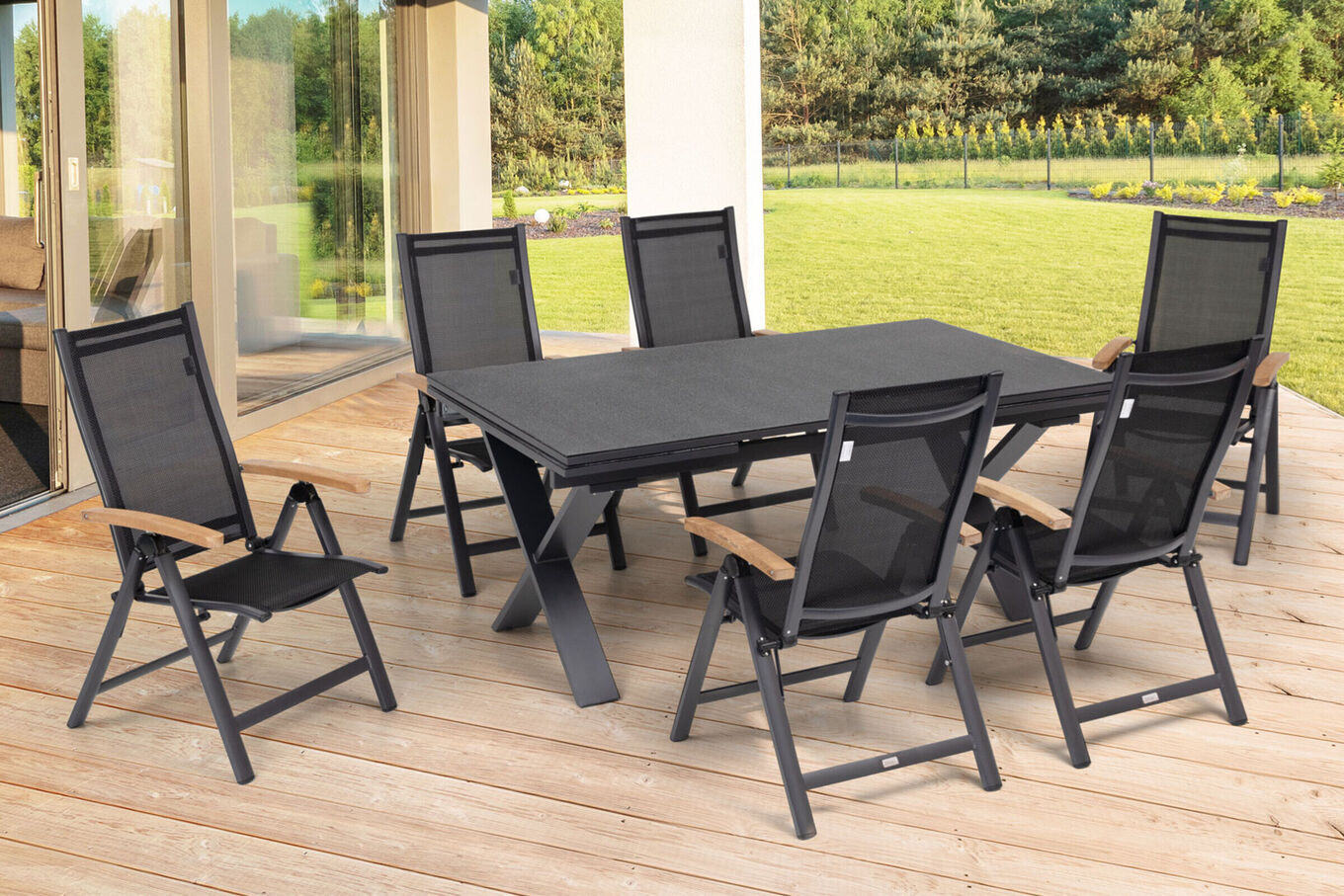 OUTFLEXX Garten-Essgruppe, OUTFLEXX® anthrazit matt, Alu / Spraystone / Teak, Tisch 180/280x100cm, 6 Klappstühle 22124__1