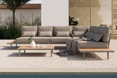 Baki Gartenlounge, natur/grau, Edelstahl/Teak, wetterbeständig, rostfrei, verstellbare Rückenlehne, abnehmbare Bezüge 34676  bqJP0tUPZ 08b7a0e6d3134f0858f29a81d5e75b3b8552d449